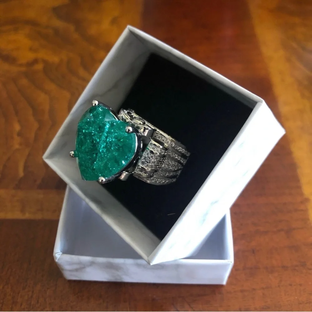 Ladies elegant large paraiba tourmaline emerald heart stone 925 ring 9 NIB